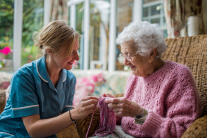a smiling caregiver giving dementia care at home and helping an elderly woman with knitting