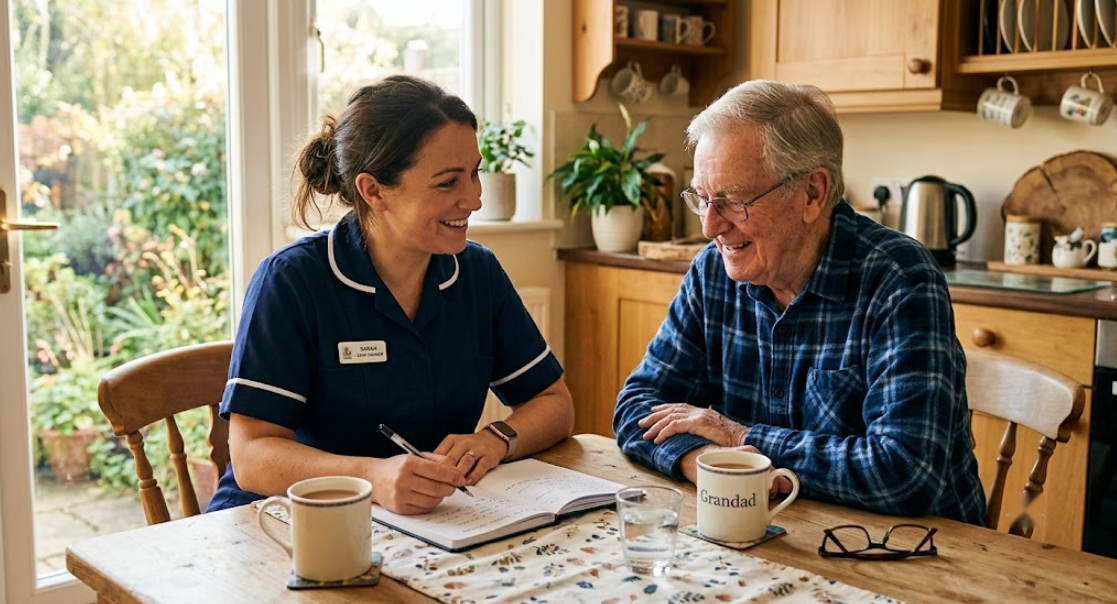 A home carer sitting with an elderly man at a kitchen table, sharing a warm conversation over tea