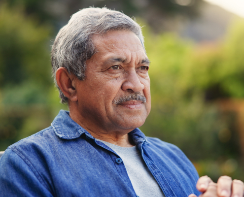 Elderly man on bench outdoors — why is dementia training important for families